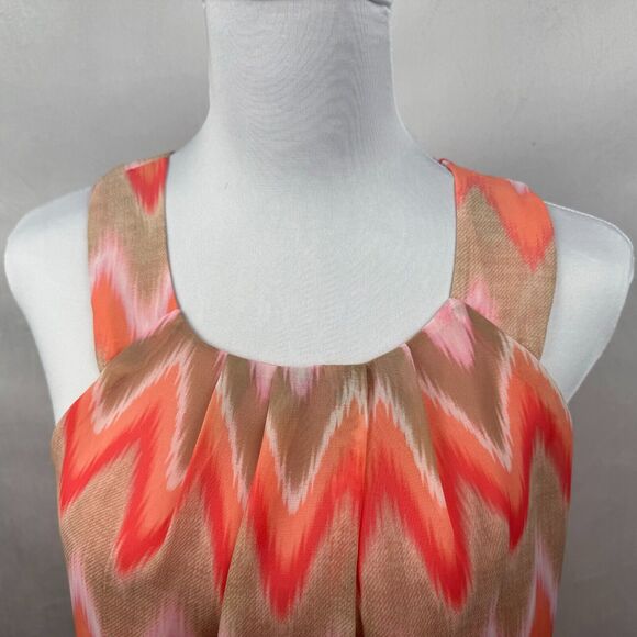 BCX Halter Top Sz S Round Neckline Zig Zag Print Coral Beige Pink Lined Button - Picture 2 of 7